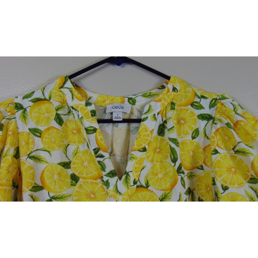 CeCe Top Womens Medium Lemon Print Puff Sleeve Linen Blend V-Neck Yellow Fruit - Picture 2 of 10